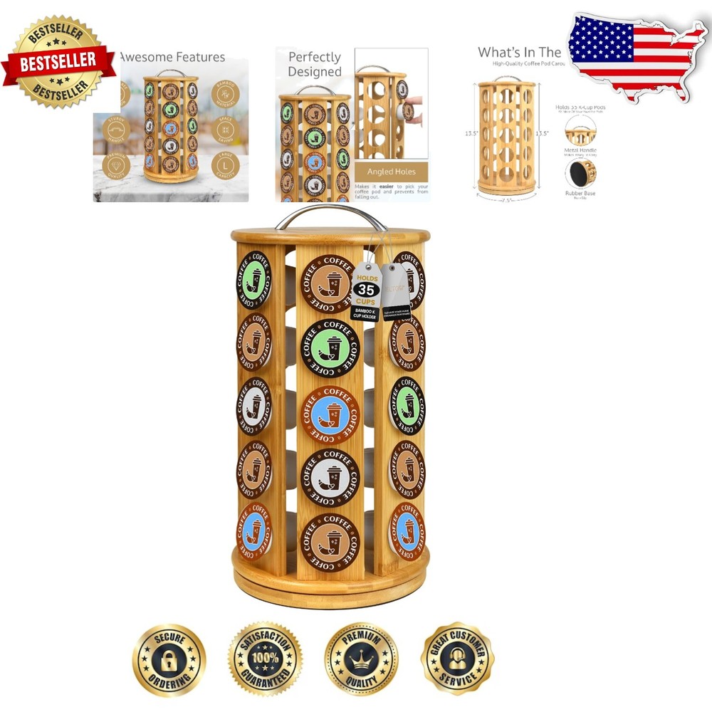 Eco-Friendly Bamboo Coffee Pod Organizer, Holds 35 K-Cups - Stylish & Functional