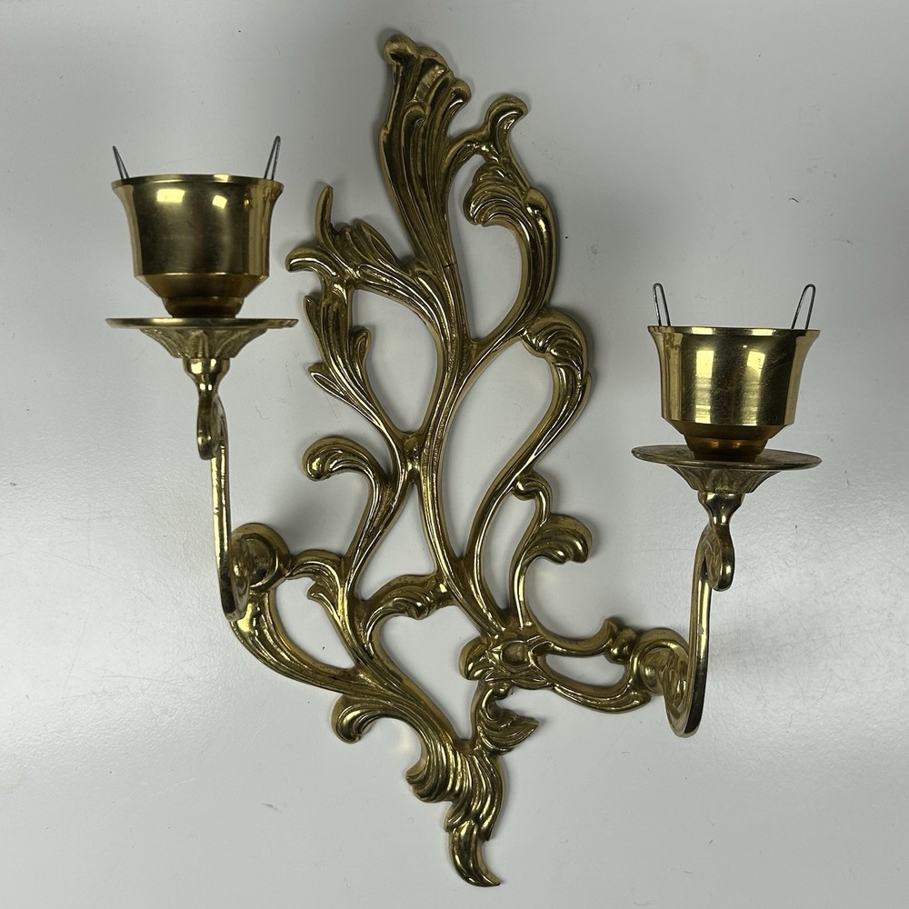 Vintage Large Ornate Brass Dual Arm Candle Holder Wall Sconces MCM