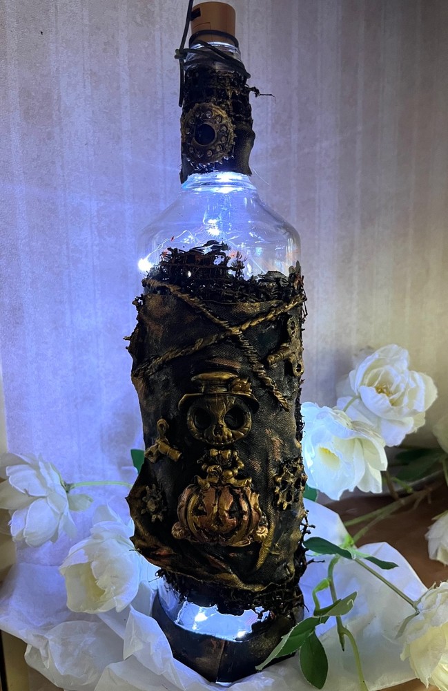 Steampunk Halloween Table Decor:  eerie pumpkin  Glass Bottle, Gothic Design