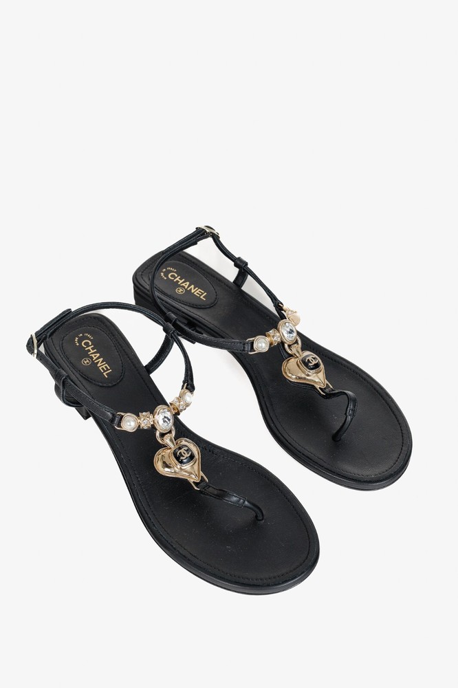 Chanel Cruise 2023 Black Embellished Heart Leather Thong Sandals Size 10.5