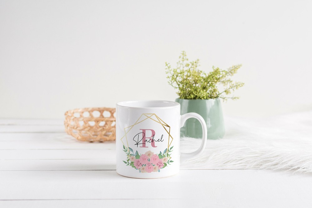 Personalised Name And Initial Geometric Pink Floral Mug Coffee Mug Mug Gift