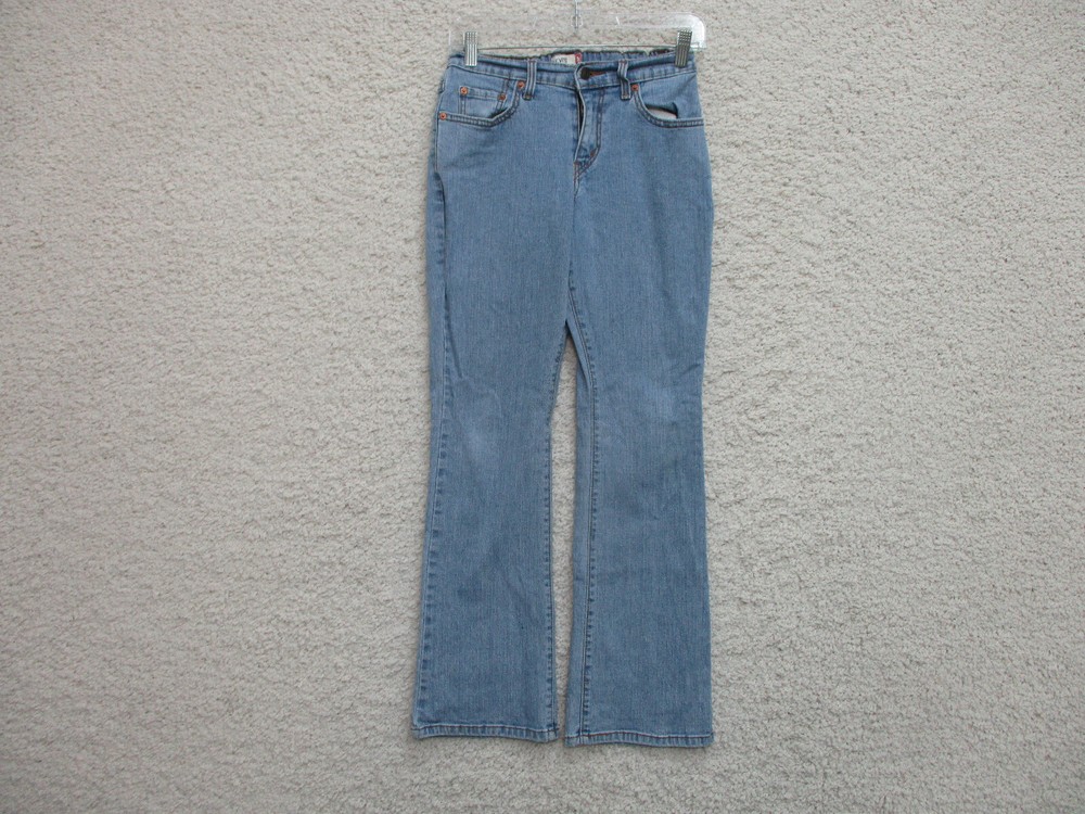 Levis Jeans 4 Womens Regular Size Blue Denim Boot Cut Elastic Waist Stretch Logo