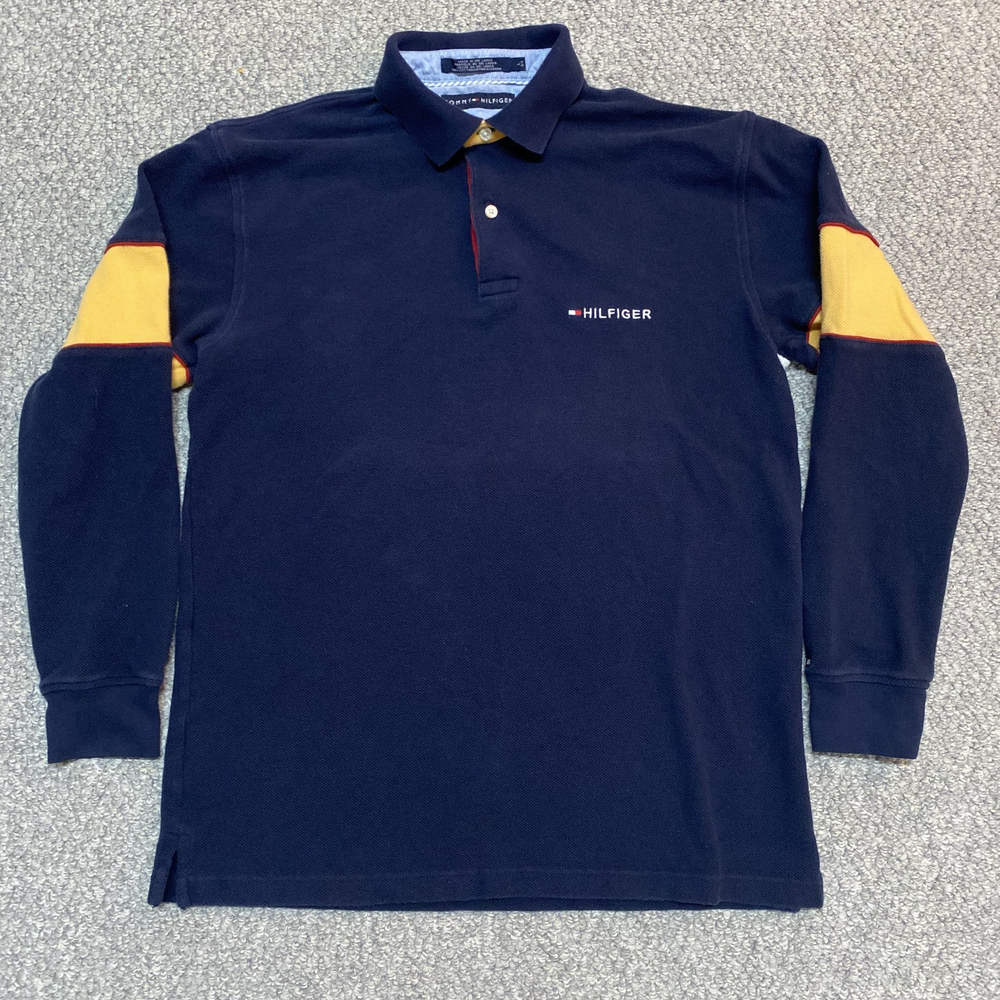 Vintage Tommy Hilfiger Men's Polo Shirt Long Sleeve Navy Striped Flag Large