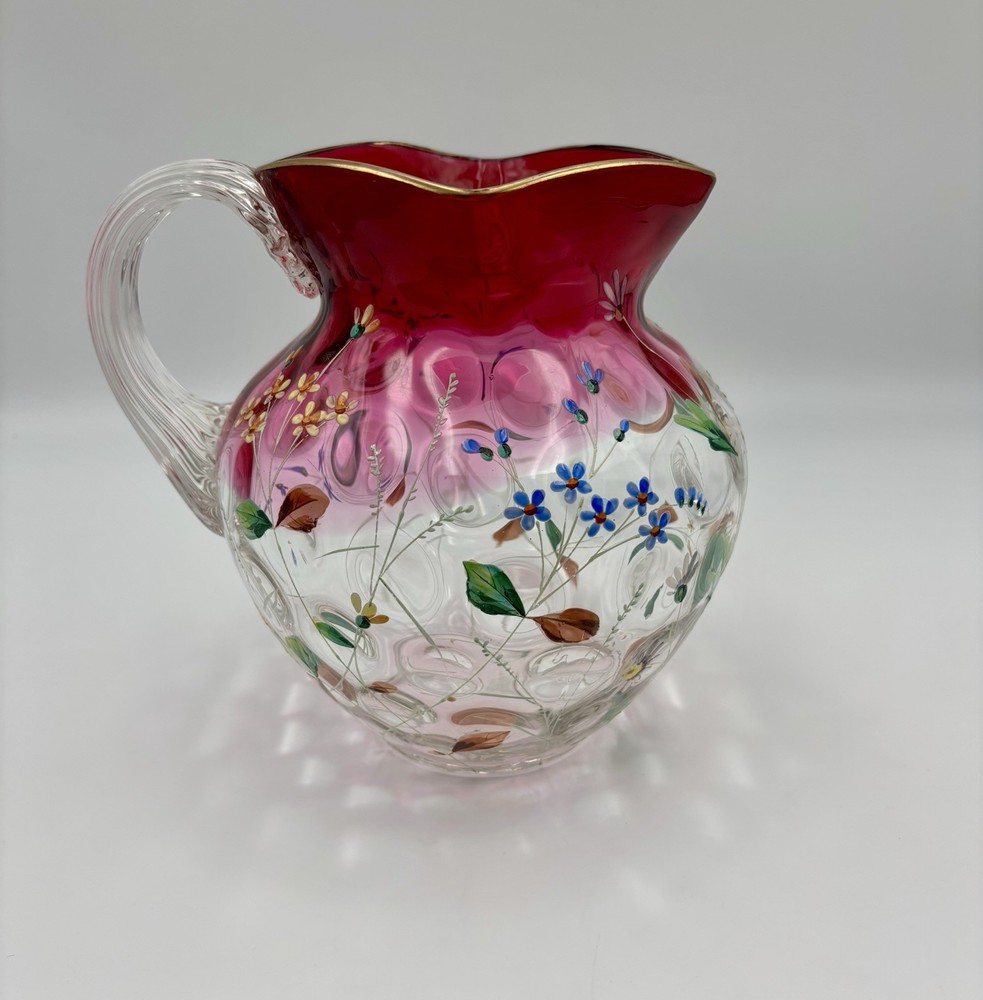 Vintage Bohemian Cranberry Art Glass Pitcher Vase Hand Blown Enamel Floral Gold