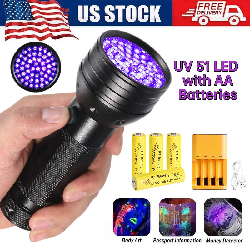 UV 51 LED Flashlight Black Light 395nM Inspection with AA Rechargeable Batteries