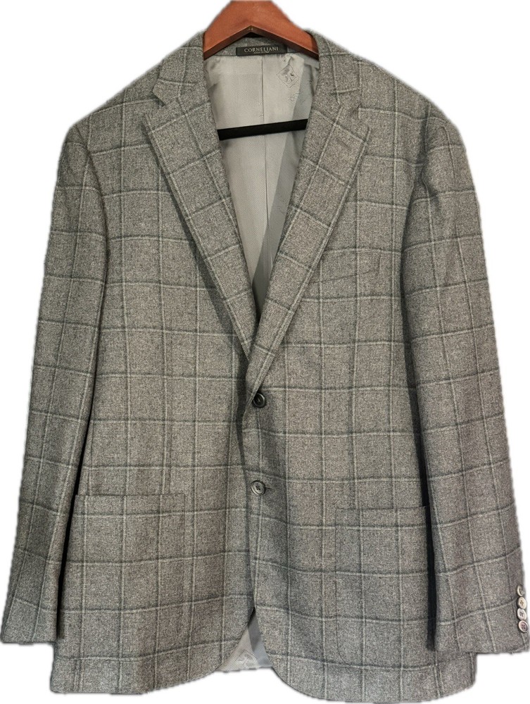 Saks Fifth Ave Wool & Silk Blazer Cashmere Plaid Italy Size 52 R Gray Corneliani