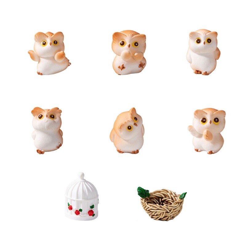 Set of 8 Soft Resin Figurines Durable Owl Sculpture Ornament for Home Decor