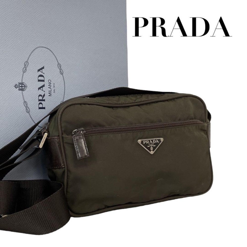 Prada Triangle Logo Nylon Shoulder Bag Khaki Authentic Excellent Condition
