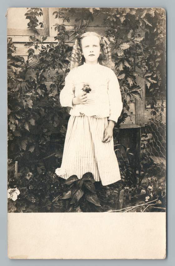 1900s Antique Crimp-Haired Girl with Flower RPPC Portrait Postcard