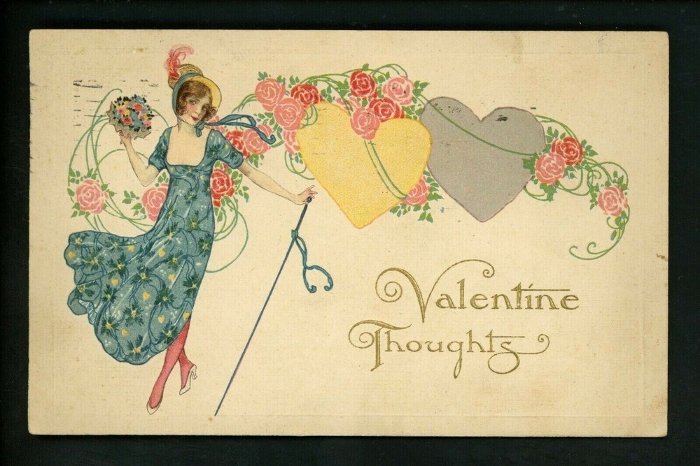 Valentine's Day postcard 4433 Walking Staff Stick Bouquet Bonnet Embossed 1923