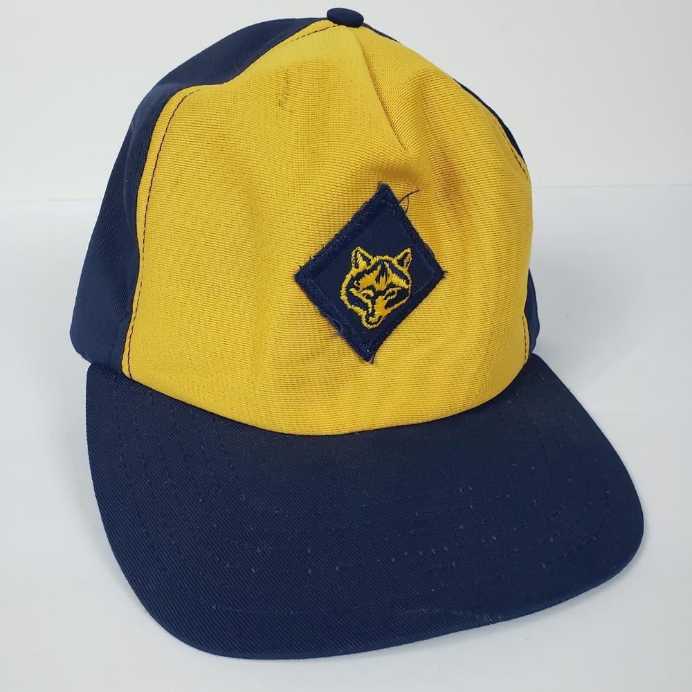 Vintage Cub Scouts Navy Blue Yellow Snapback Baseball Cap Hat with Wolf Logo M/L