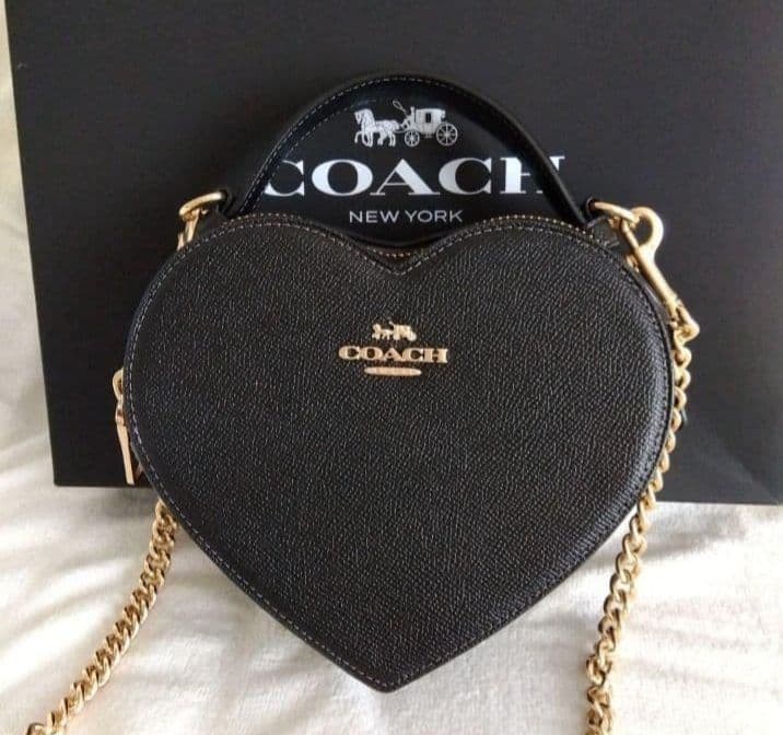 Authentic COACH Heart Crossbody Bag Black Leather 2way Handbag Purse ShoulderBag