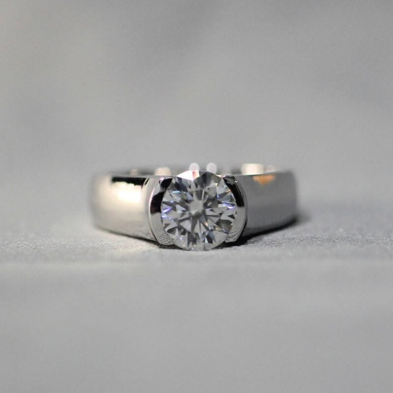 Round Cut Moissanite Half Bezel Set Bridal Engagement Ring 14K White Gold Plated