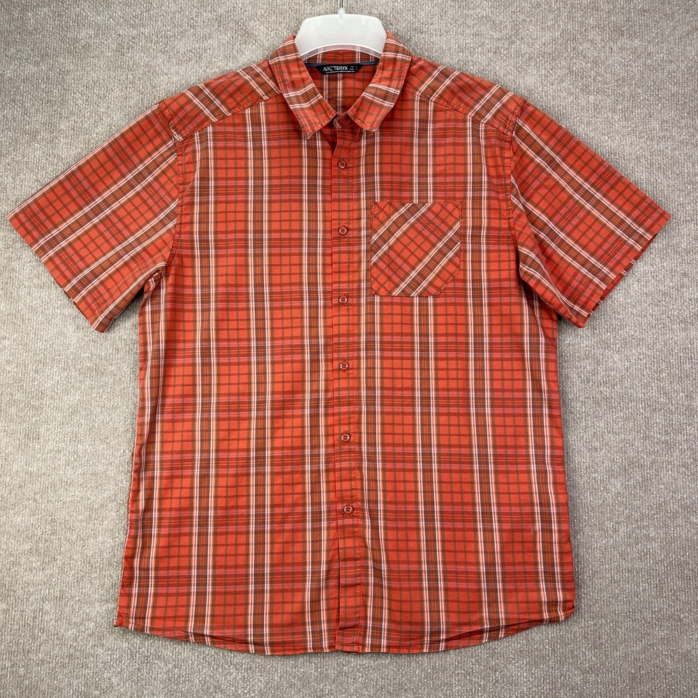 Arc'teryx Mens Large Red Plaid Pathline Short Sleeve Button Up Shirt 13487