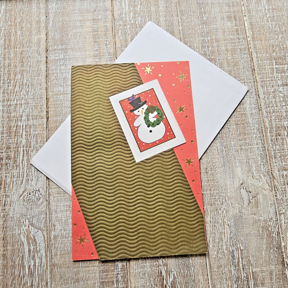 Festive Brown Gold Star Snowman Christmas Card 6x8 Textured Design