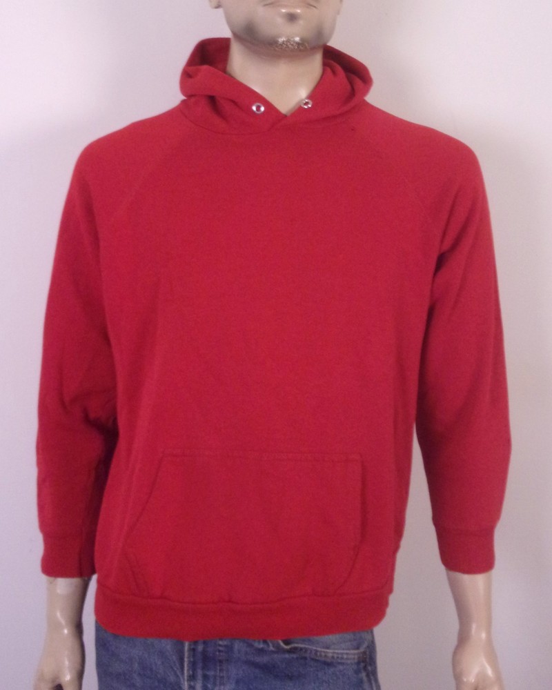 vintage 80s Raglan Sleeve Pullover Hoodie Sweatshirt Blank Solid Red SZ L
