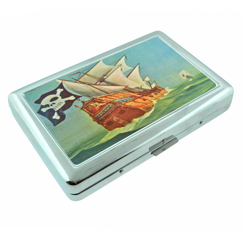 Vintage Pirate Ship D4 Silver Metal Cigarette Case RFID Protection Wallet