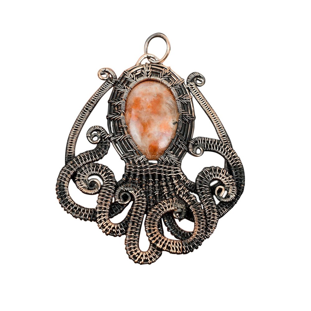 Mothers Day Oval Sunstone Boho Octopus Copper Wire Wrap Pendant-image