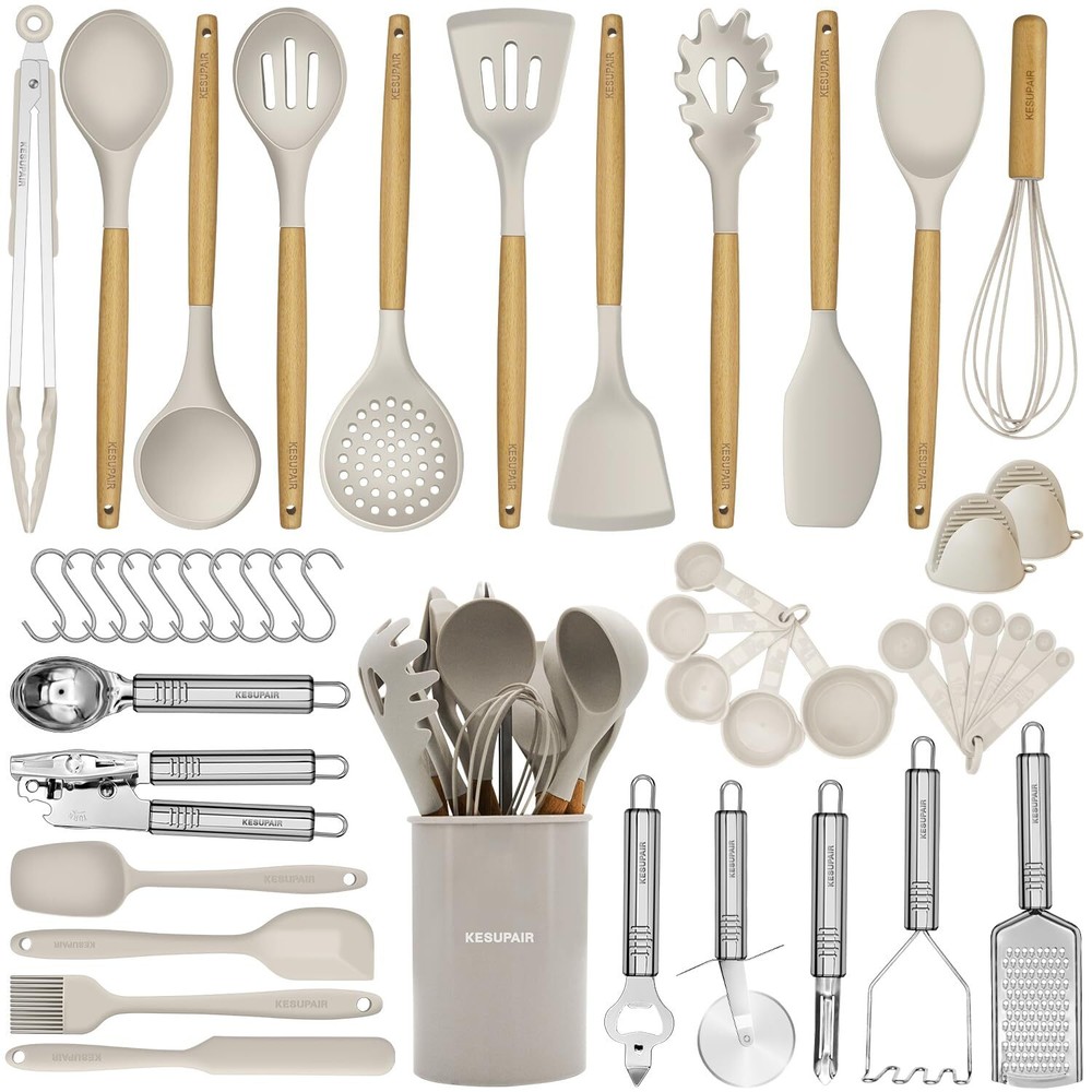 46-Piece Khaki Silicone Kitchen Utensil Set with Wooden Handles for Cooking