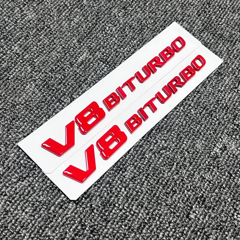 2pcs Gloss Red V8 BITURBO Fender Side AMG Emblem Badge For Mercedes C63 E63 G63
