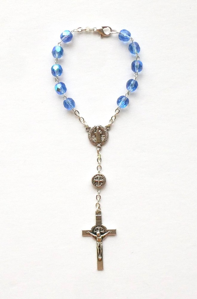 Small Blue Beads Car Rosary with St Benedict Center