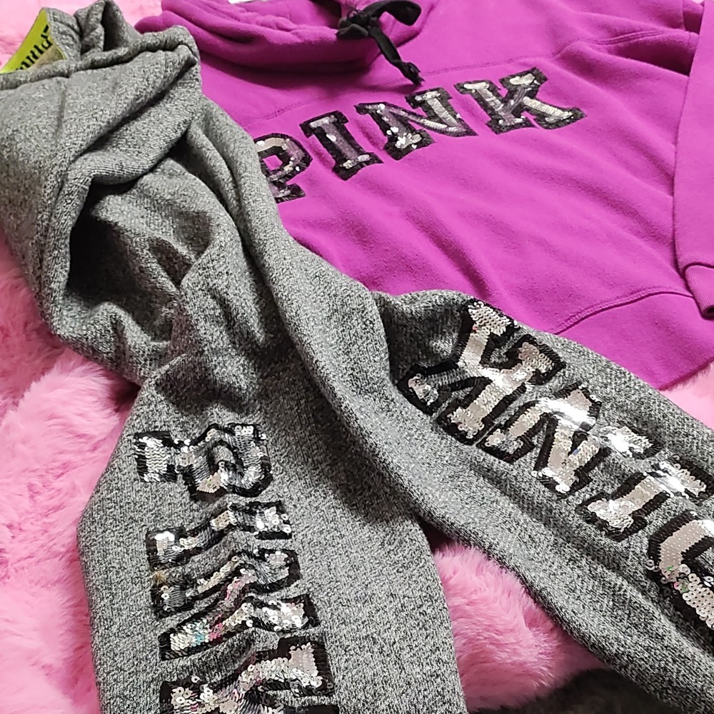 PINK Victoria's Secret Women's Purple Gray Sequin Hoodie S & Sweatpants M  Set