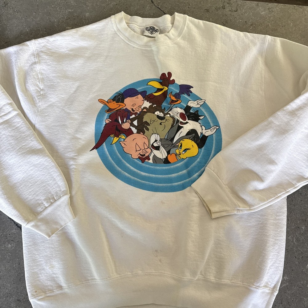 Vtg Looney Tunes Acme Warner Bros 1991 White Crewneck Sweatshirt Size L USA