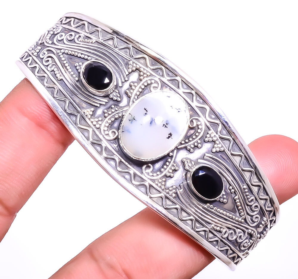 Dendritic Opal - Brazil & Black Onyx 925 Sterling Silver Cuff Adst. T30 A384