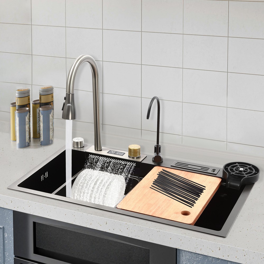 Modern Stainless Steel Single Bowl Digital Display Waterfall Kitchen Sink