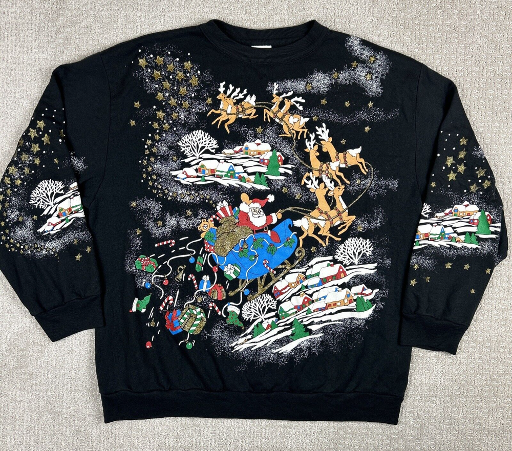 Vintage Christmas On Mainstreet Sweatshirt Size L AOP Sweater Santa Reindeer USA