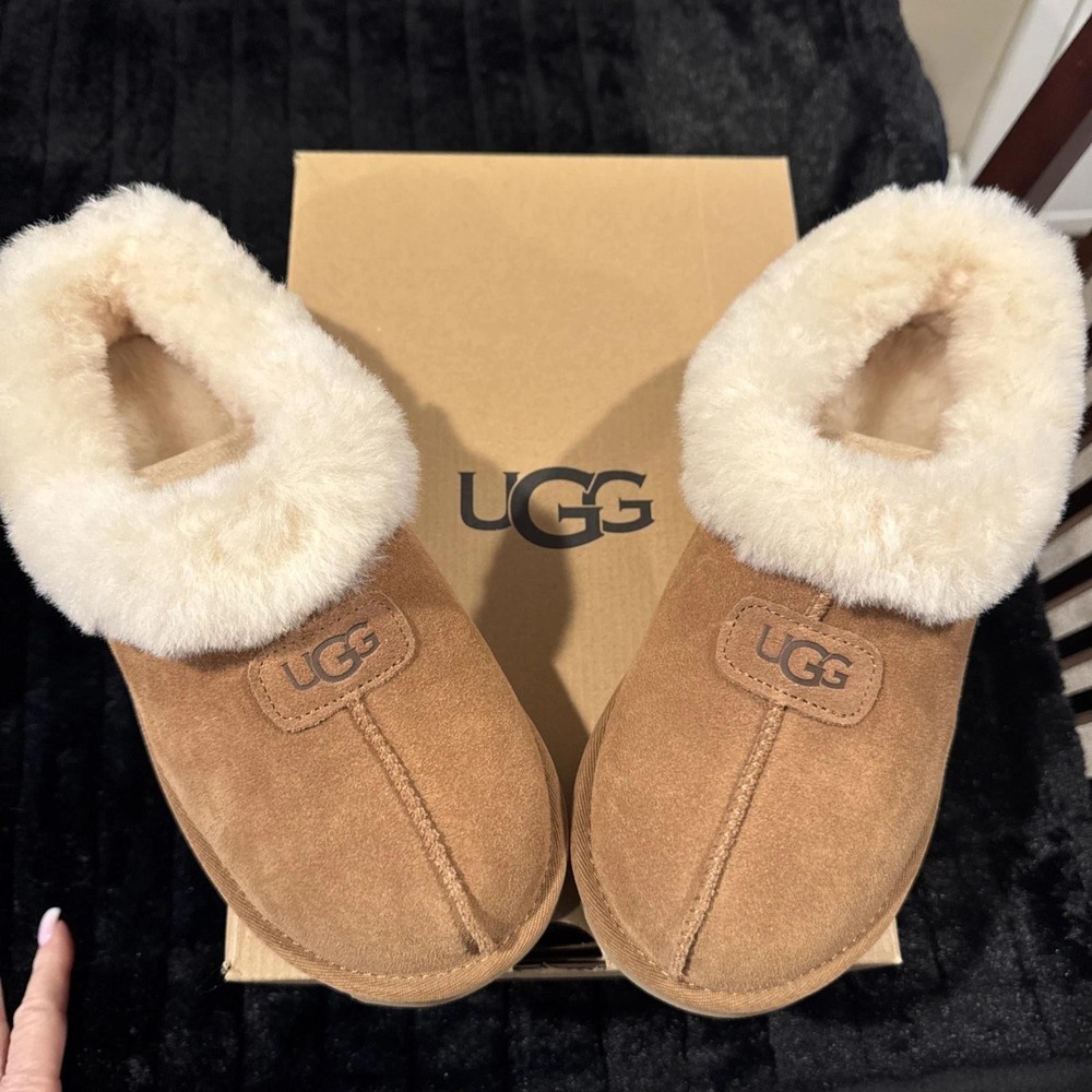 U G  Tazzette Women’s Chestnut Fluffy Collar Shoes Slippers New