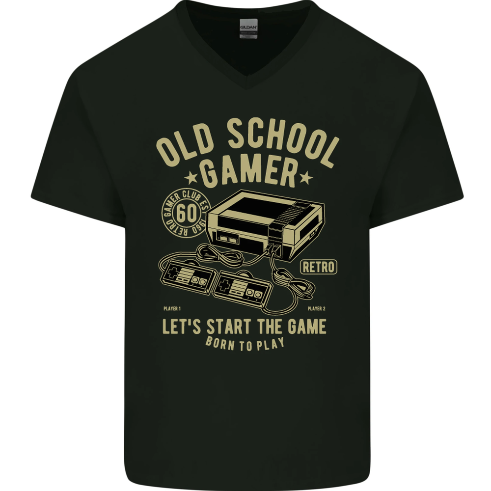 Old School Gamer Gaming Funny Mens V-Neck Cotton T-Shirt