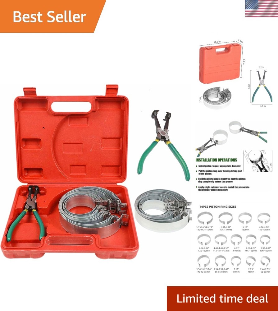 14-Piece Automotive Piston Ring Compressor Tool Kit with Pliers for Engine Repair