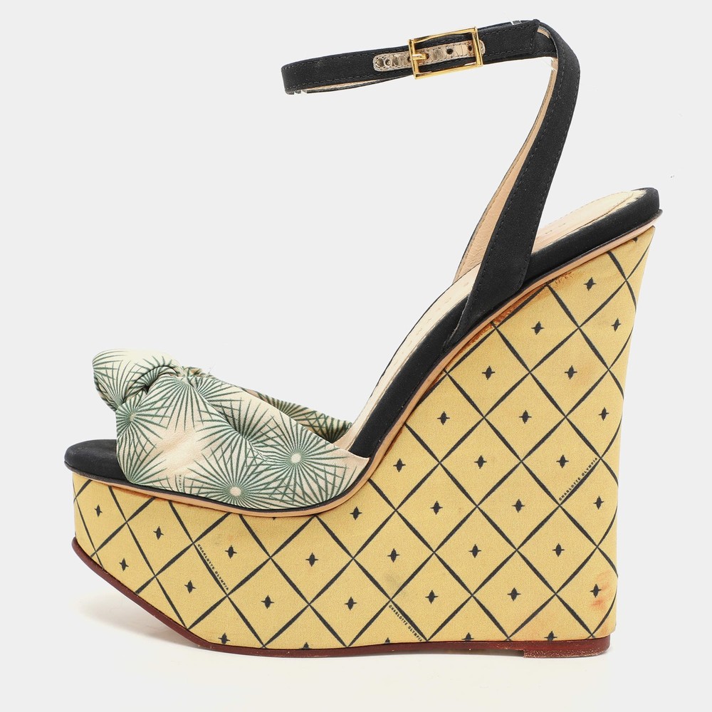 Charlotte Olympia BlackGreen Satin Tie Ankle Strap Wedge Sandals Size 385
