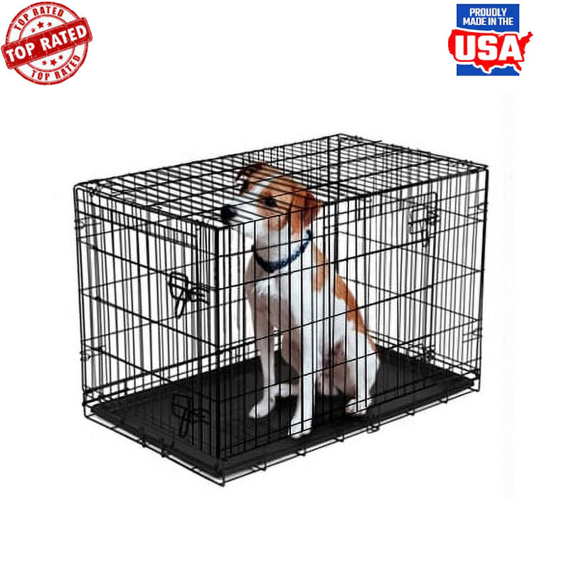 Heavy Duty Double-Door Foldable Metal Dog Crate with Divider for Small Pets-image