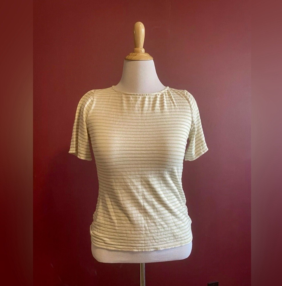 Lauren Ralph Lauren Black Label Women's Medium Knit Stripe T Shirt Gold Metallic
