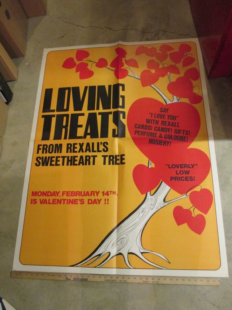REXALL 1972 drug store sign VALENTINE'S Day hearts tree card candy perfume