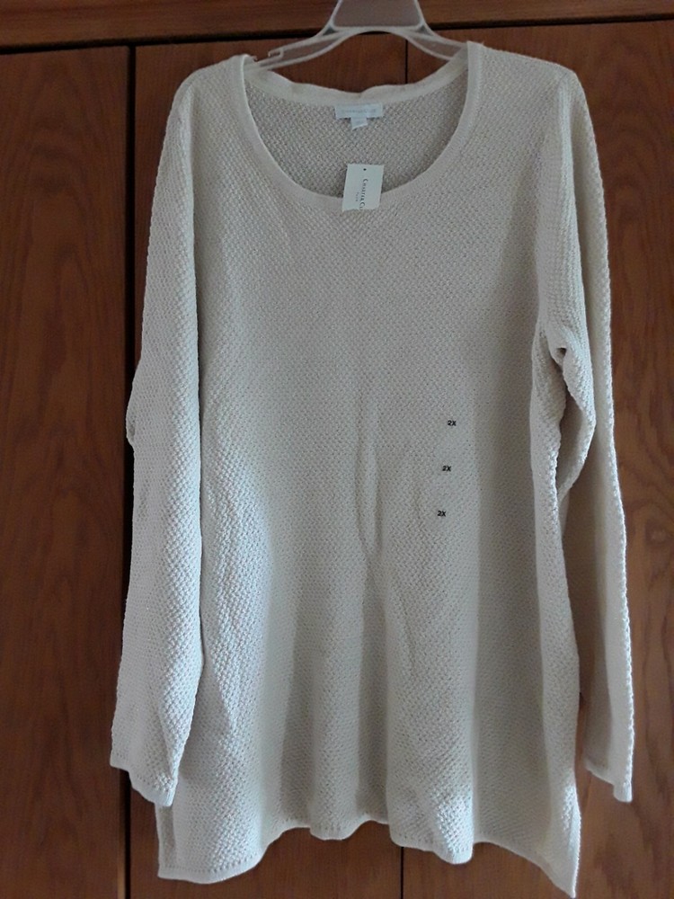 CHARTER CLUB 2X Ivory/Gold Cotton Blend Long Sleeve Scoop Neck Sweater NEW