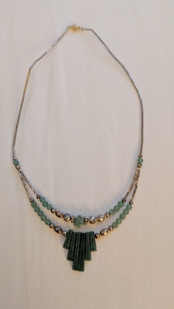 Vintage Southwestern Jade Silver Tone Beaded Necklace 17” Double Strand RS4
