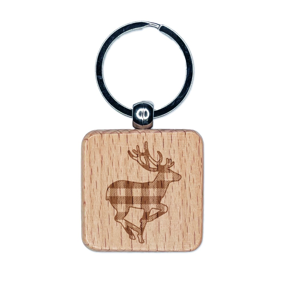 Plaid Deer Buck Buffalo Engraved Wood Square Keychain Charm Tag  