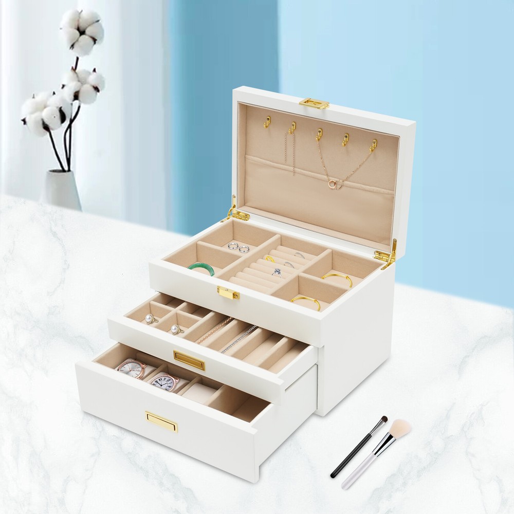 Modern 3-Layer Wooden Jewelry Organizer Box in White Rectangle Design