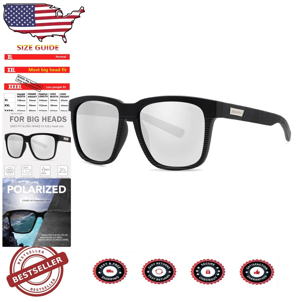 Black/Silver Polarized Sunglasses for XL Heads - Perfect for Driving & Sports