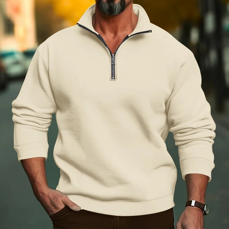 Men’s Fleece-Lined Half Zip Hoodie — Long Sleeve Stand Collar Pullover, Solid Co