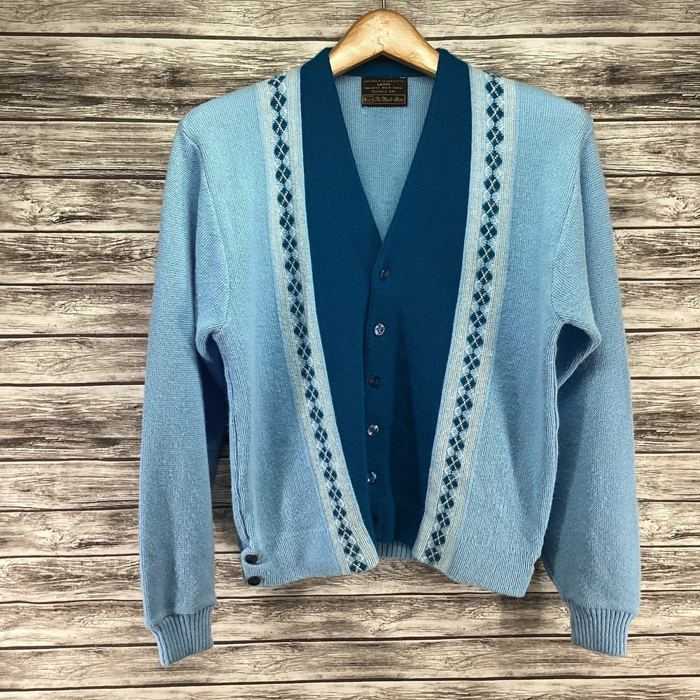 Vintage Sears Cardigan Sweater Mens Large Blue The Mens Store Argyle Design 60s