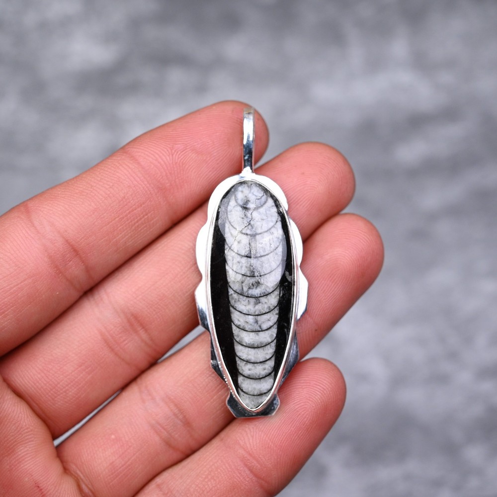 925 Sterling Silver Handamde Jewelry Orthoceras Fossil Gemstone Pendant For Gift