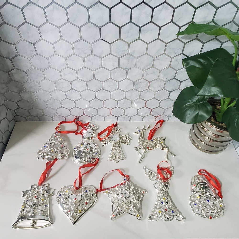 Lenox Sparkle and Scroll Silver Jeweled Christmas Ornament Set of 9  