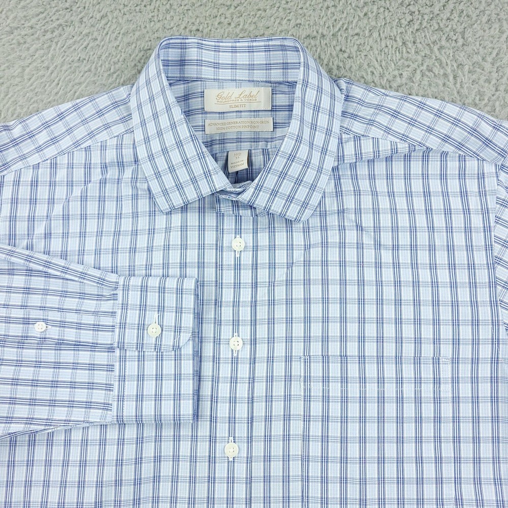 Roundtree & Yorke Gold Label Shirt Mens 16.5 33 Slim Fit Non Iron Plaid Dress