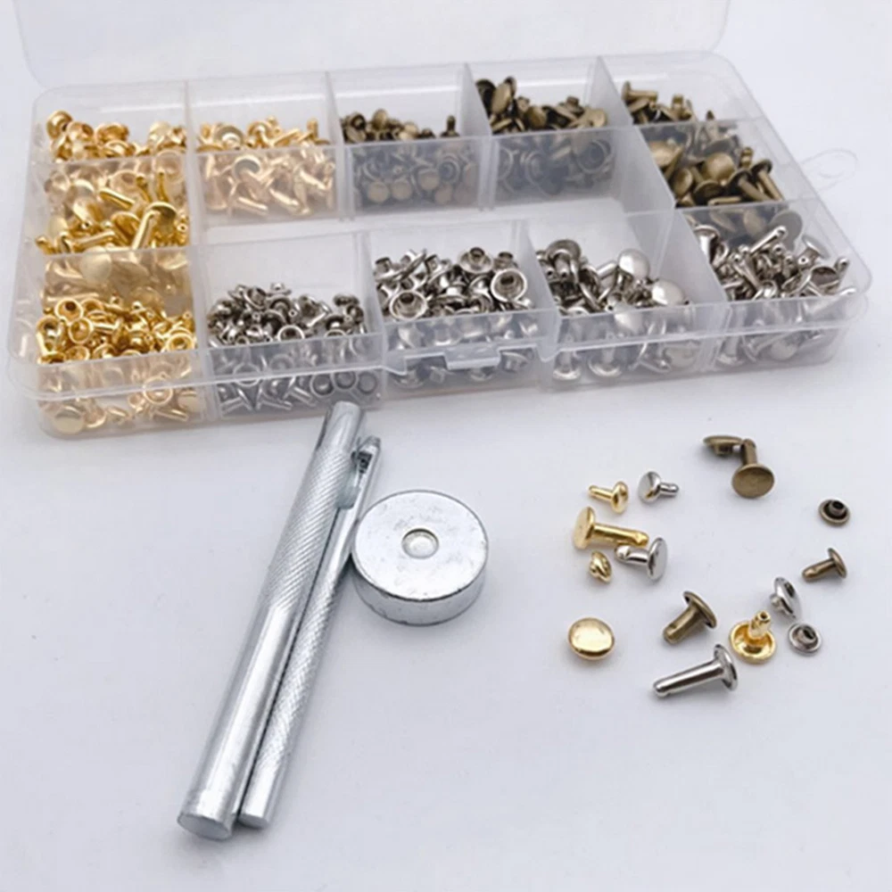 300PCS Leather Rivets Double Cap Tubular Metal Studs Repair Tool For DIY Craft