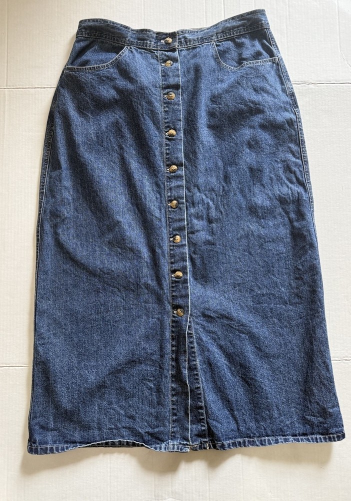 VTG Gloria Vanderbilt Button Down Womens Denim Maxi Skirt Sz 14 Blue Modest Boho