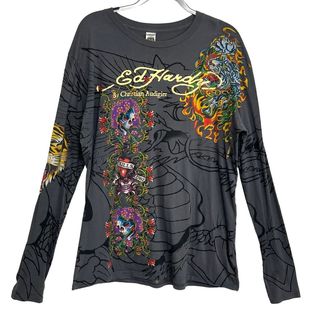 Vintage Ed Hardy Gray Long Sleeve Dragon Skull Tiger Tattoo Print Graphic Shirt